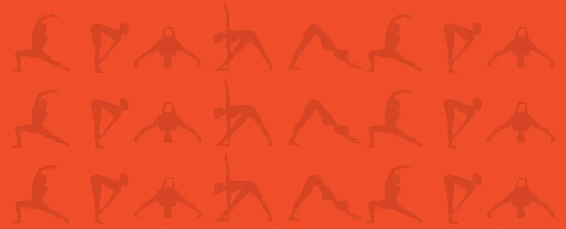 Bright red background with darker red repeated silhouette images of a person in various yoga poses