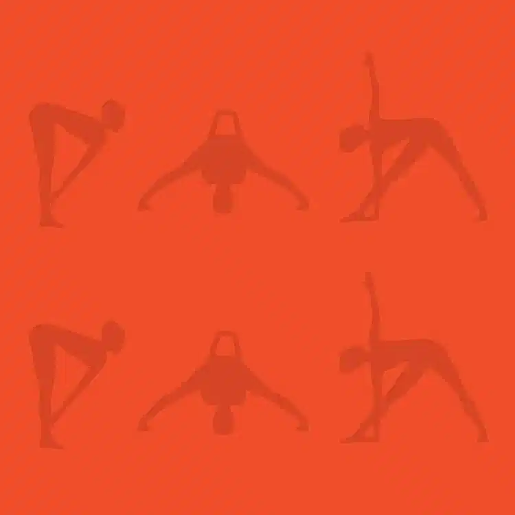 Bright red background with darker red repeated silhouette images of a person in various yoga poses